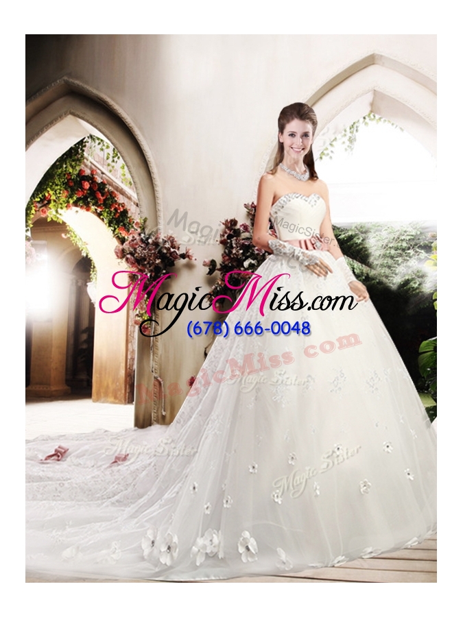 wholesale 2016 lovely sweetheart lace appliques and bowknot wedding dresses with chapel train