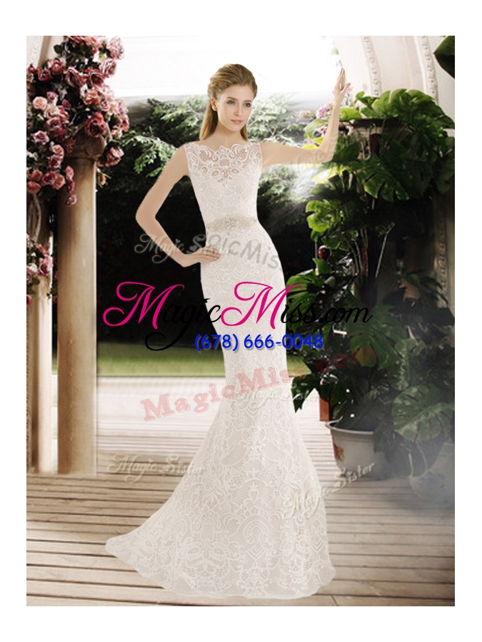 wholesale 2016 hot sale mermaid lace and belt wedding dresses with brush train