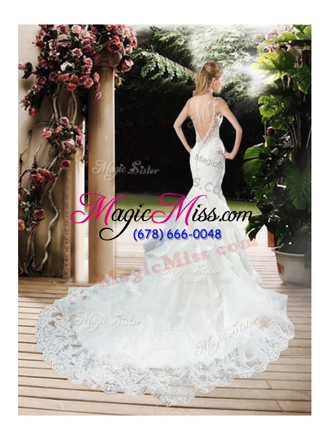 wholesale 2016 elegant straps beaded and lace wedding dresses with court train