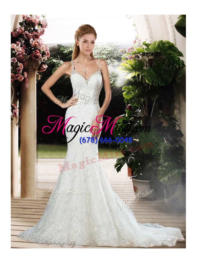 wholesale 2016 elegant straps beaded and lace wedding dresses with court train