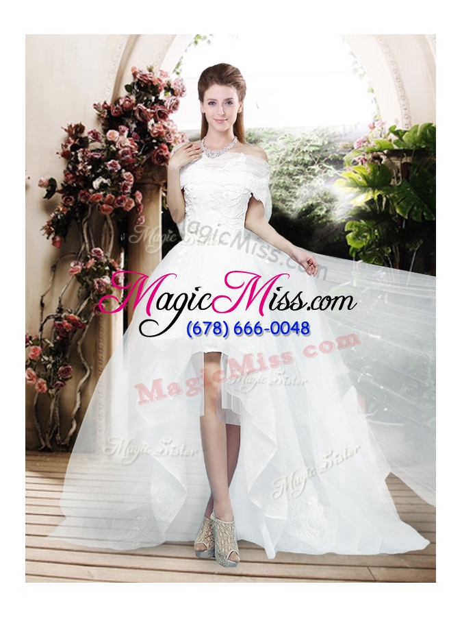 wholesale 2016 pretty appliques and bowknot high low wedding dresses with cap sleeves