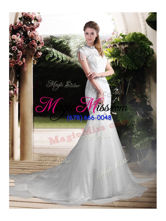 wholesale 2016 luxurious mermaid high neck beading wedding dresses with brush train