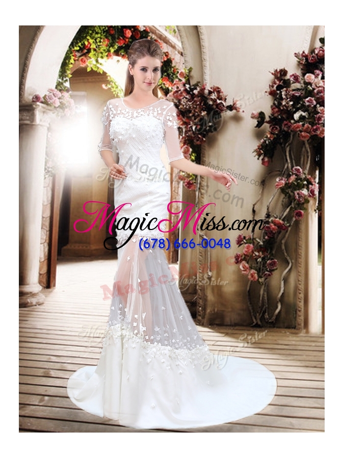 wholesale 2016 exquisite column scoop brush train appliques wedding dresses with half sleeves