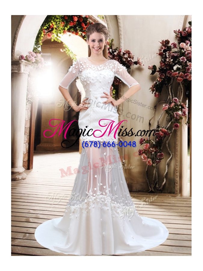 wholesale 2016 exquisite column scoop brush train appliques wedding dresses with half sleeves
