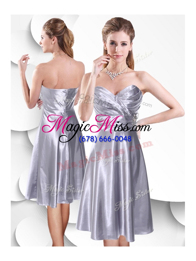 wholesale 2016 best empire elastic woven satin silver bridesmaid dress with beading and ruching