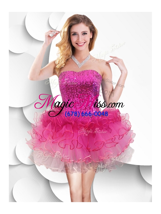 wholesale 2016 hot sale short strapless dama dress with sequins and ruffles