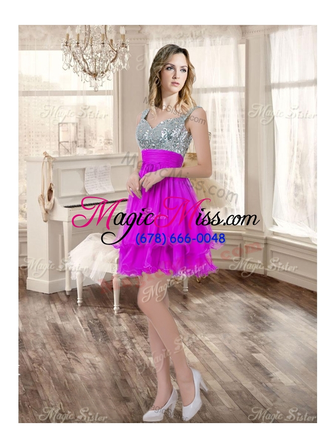 wholesale visible boning fuchsia sweet 16 gown and sequined dama dresses beaded and ruffled mini quinceanera dress