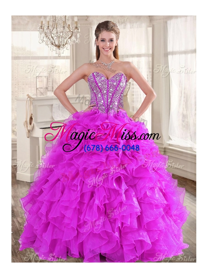 wholesale visible boning fuchsia sweet 16 gown and sequined dama dresses beaded and ruffled mini quinceanera dress