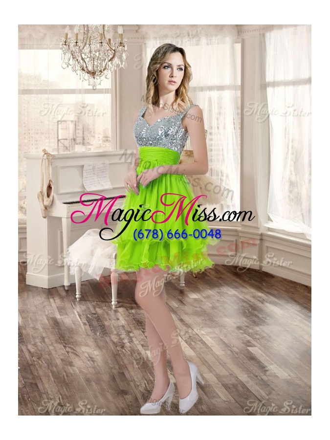 wholesale visible boning yellow green quinceanera gown and sequined short  dama dresses and beaded and ruffled mini quinceanera dress