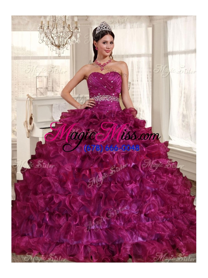wholesale gorgeous ruffled and beaded fuchsia quinceanera dress and laced lavender short dama dresses