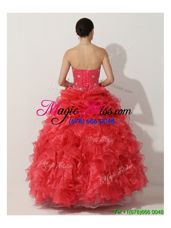 wholesale promotional princess red quinceanera gown with beading and ruffles