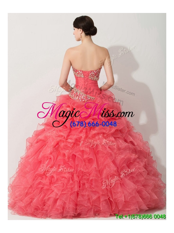 wholesale princess coral red sweet 16 dress with beading and ruffles