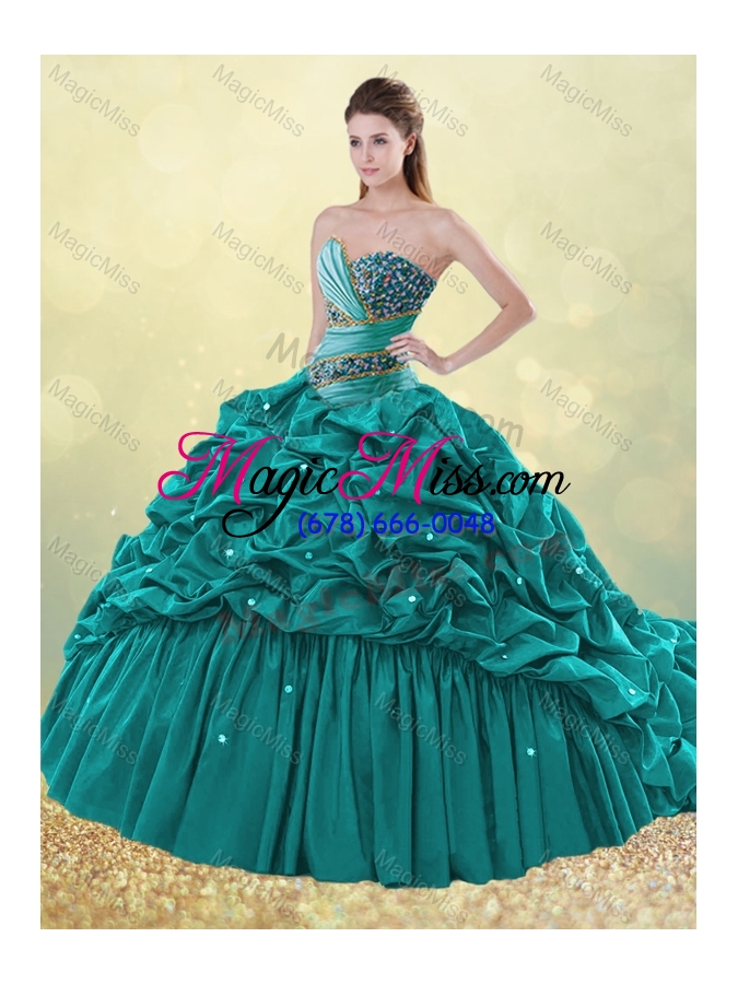 wholesale luxurious brush train taffeta bubble quinceanera dress in turquoise