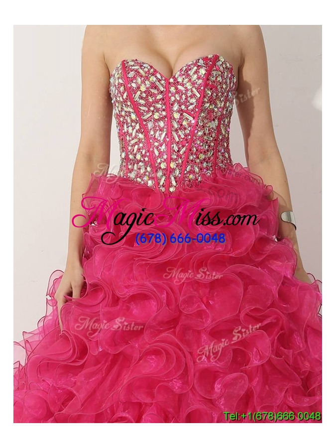 wholesale visible boning hot pink quinceanera gown with beading and ruffles
