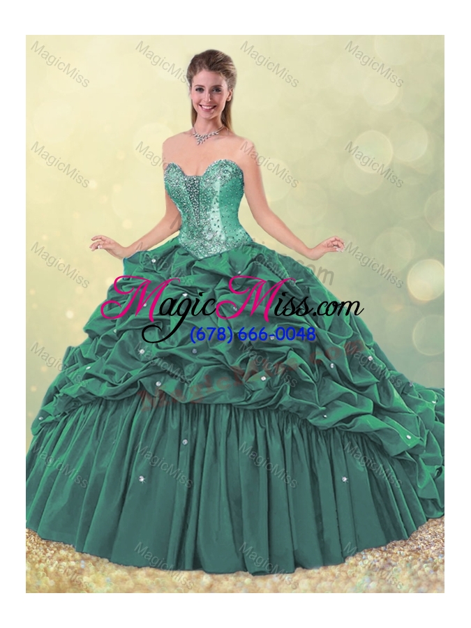 wholesale elegant puffy skirt beaded teal quinceanera dress with brush train