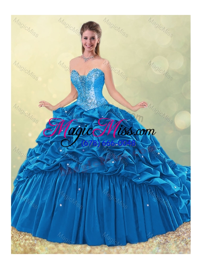 wholesale elegant puffy skirt beaded teal quinceanera dress with brush train