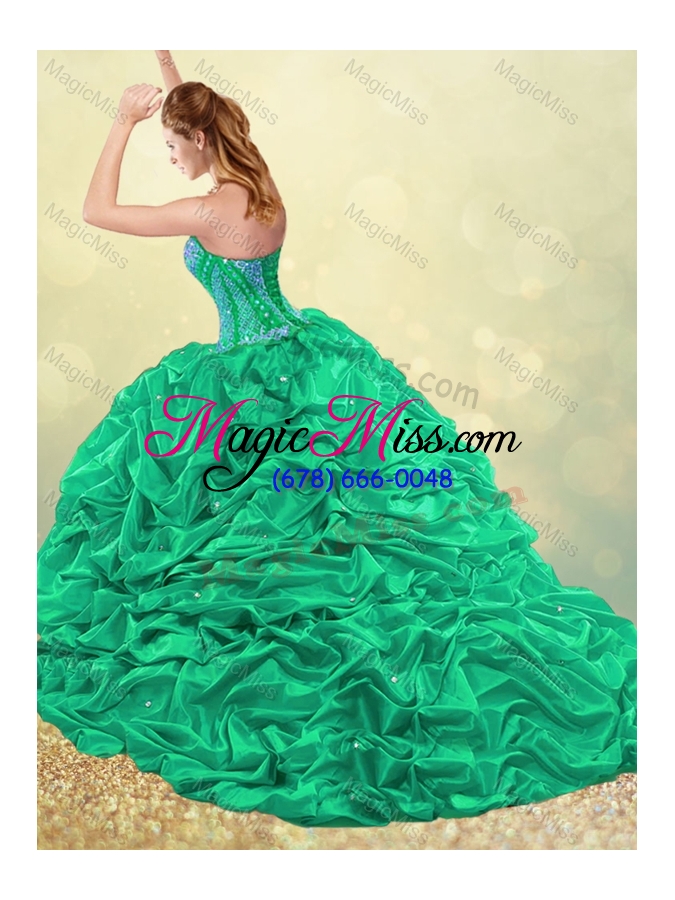 wholesale beautiful brush train teal quinceanera dress with beading and bubbles
