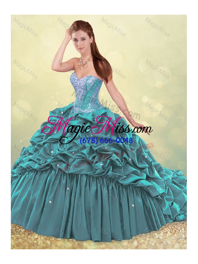 wholesale beautiful brush train teal quinceanera dress with beading and bubbles
