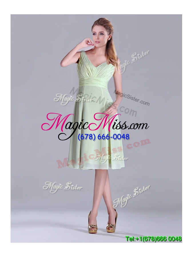 wholesale lovely tea length ruched and belted bridesmaid dress in yellow green