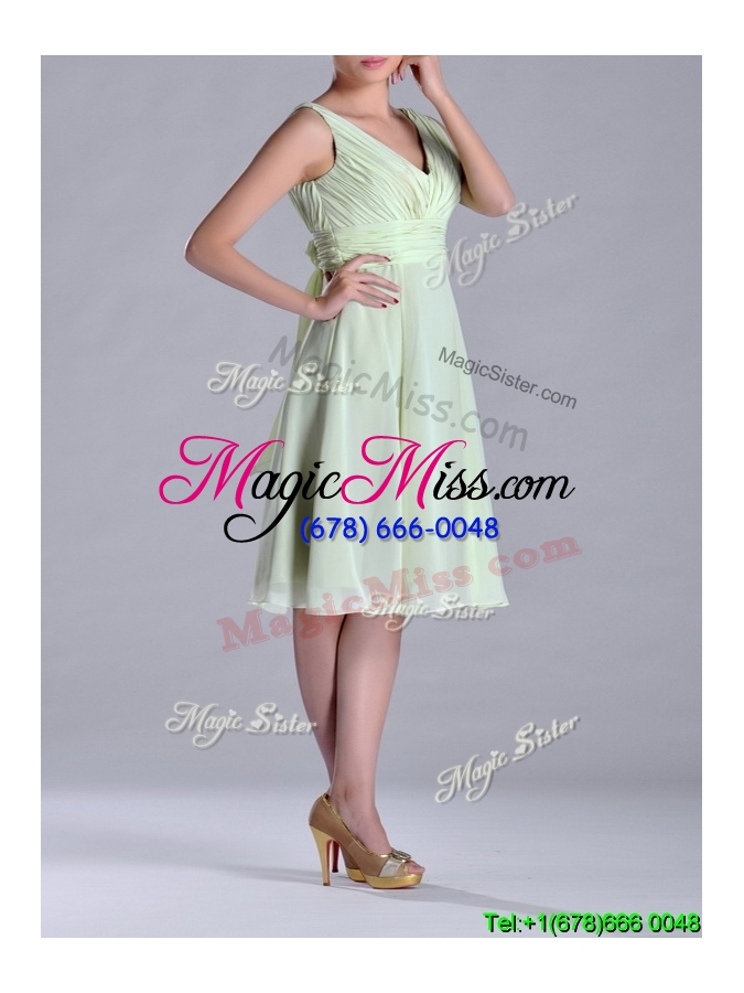 wholesale lovely tea length ruched and belted bridesmaid dress in yellow green