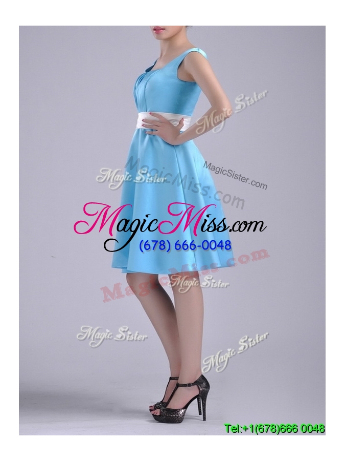 wholesale simple belted and ruched aqua blue dama  dress in knee length