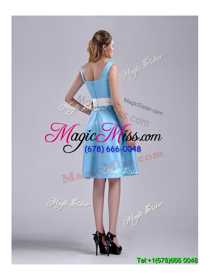 wholesale simple belted and ruched aqua blue dama  dress in knee length