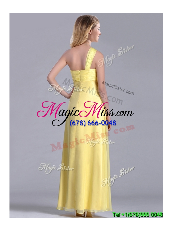 wholesale exclusive one shoulder chiffon yellow bridesmaid dress in ankle length