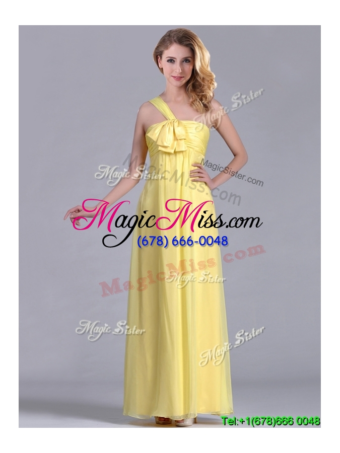 wholesale exclusive one shoulder chiffon yellow bridesmaid dress in ankle length