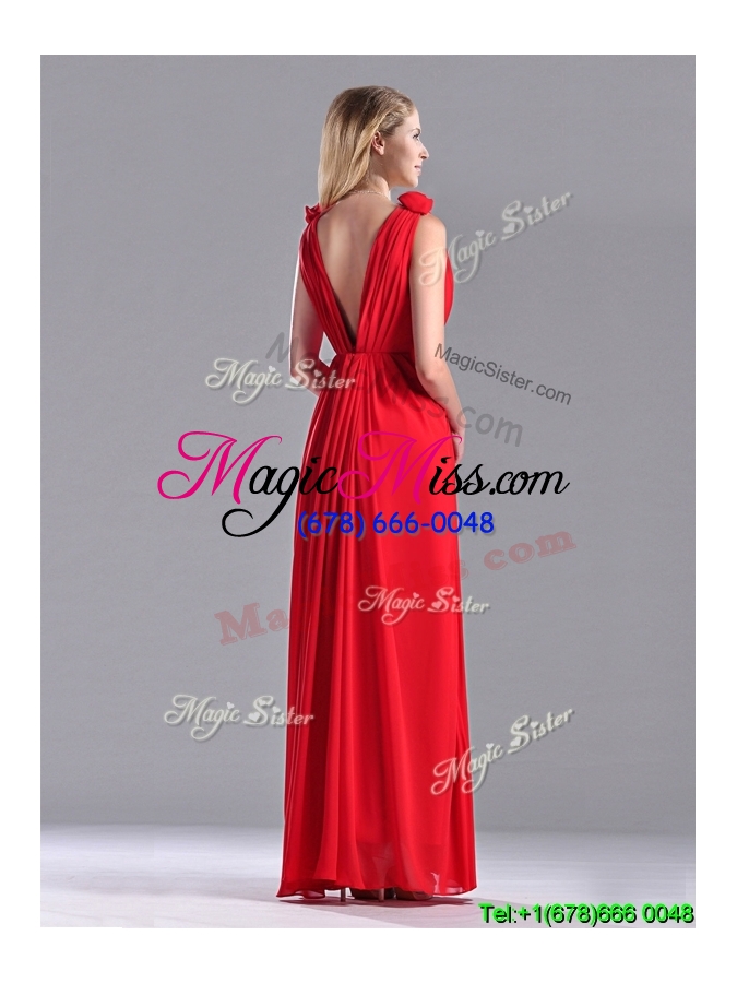 wholesale discount deep v neckline red dama dress with hand crafted flowers