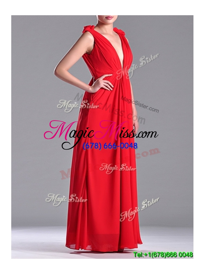 wholesale discount deep v neckline red dama dress with hand crafted flowers