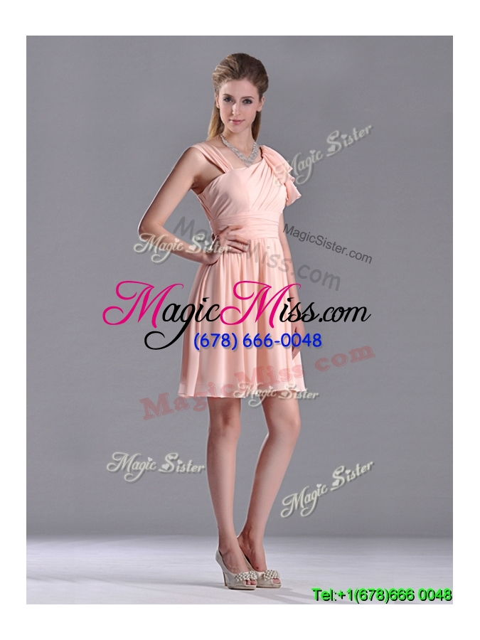 wholesale simple empire ruched peach bridesmaid dress with asymmetrical neckline