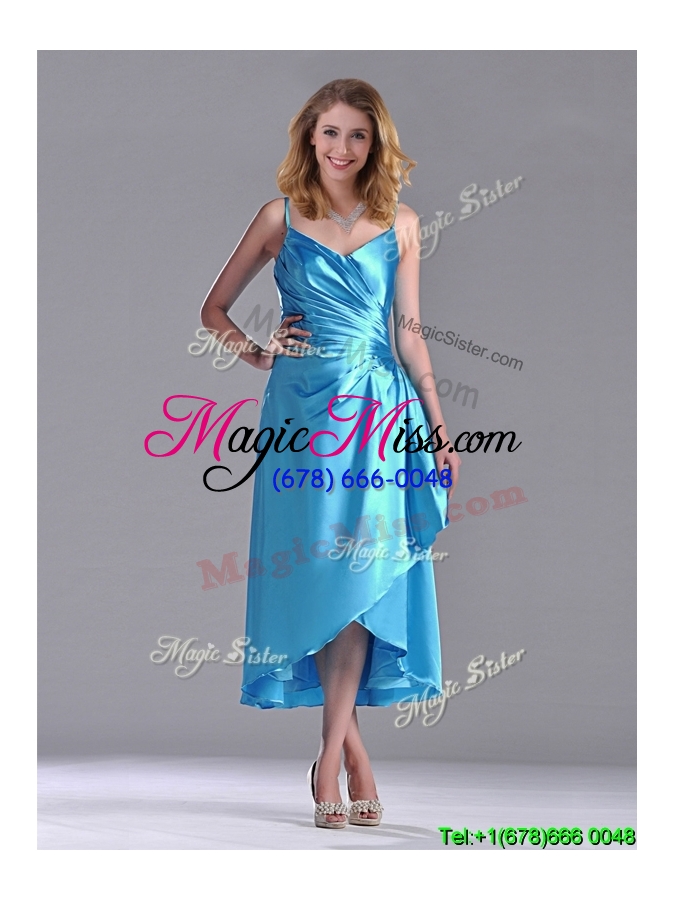 wholesale classical spaghetti straps baby blue bridesmaid dress in tea length