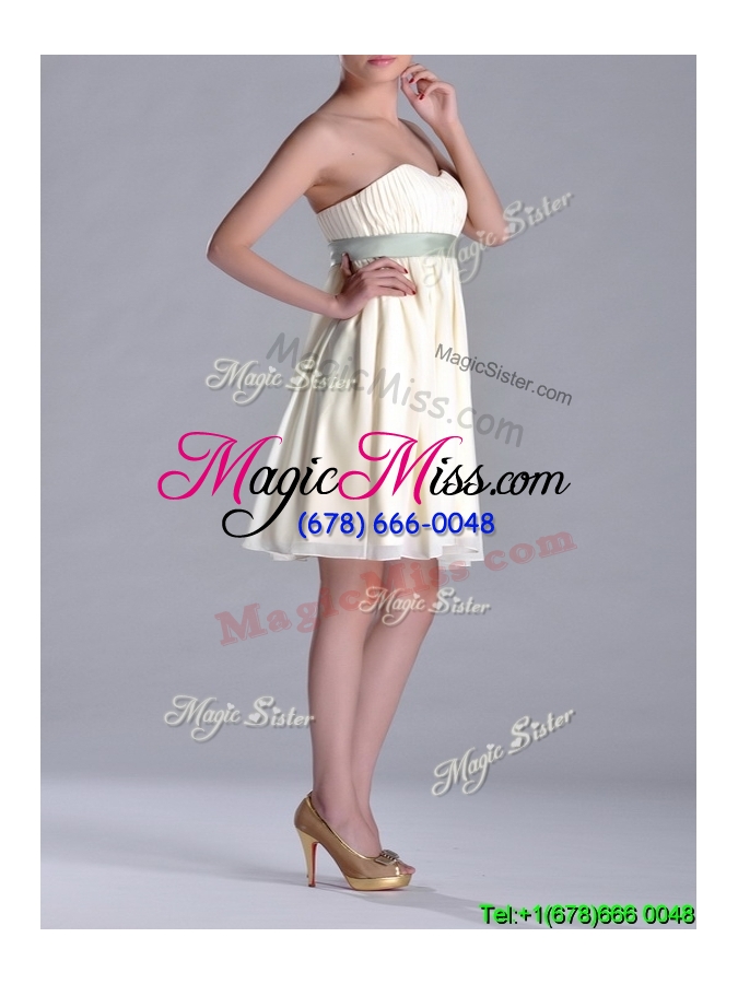 wholesale modern empire light yellow bridesmaid dress with ruching and belt
