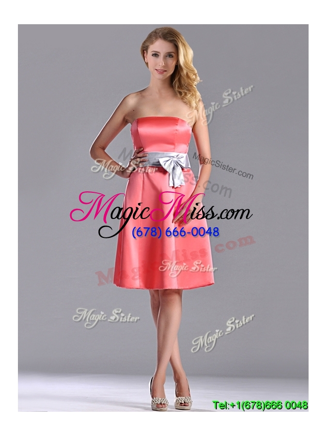 wholesale best selling watermelon knee length bridesmaid dress with silver bowknot