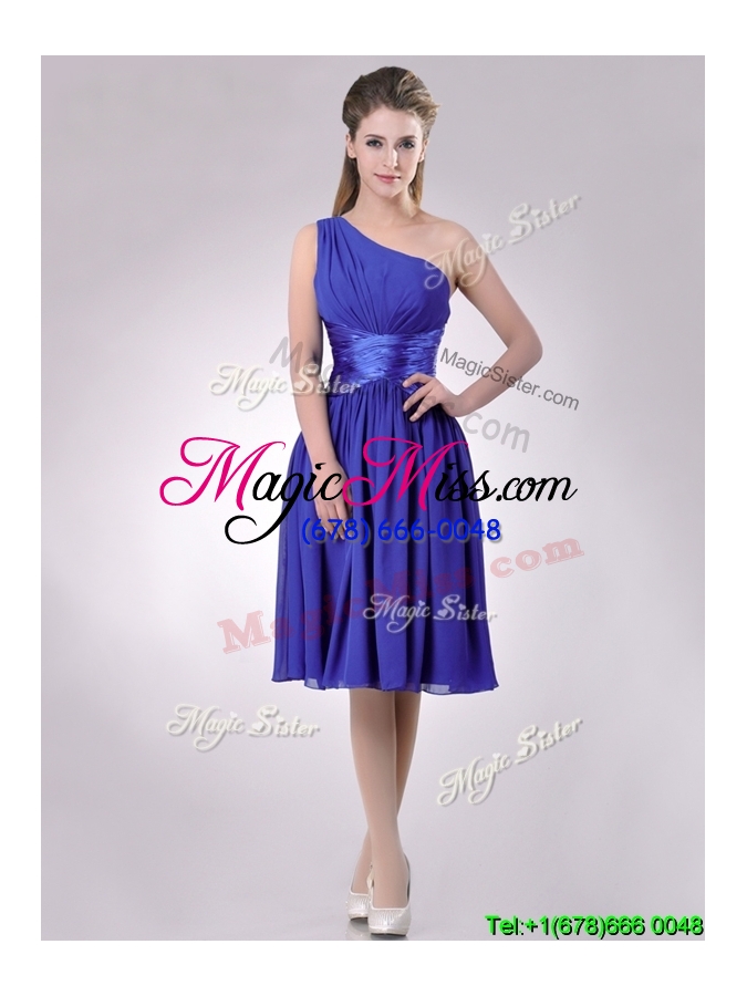 wholesale discount  one shoulder chiffon blue dama dress with side zipper