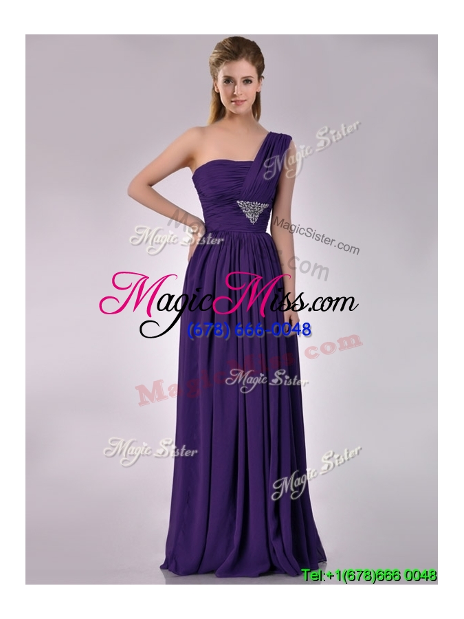wholesale discount empire beaded and ruched dark purple bridesmaid dress with one shoulder