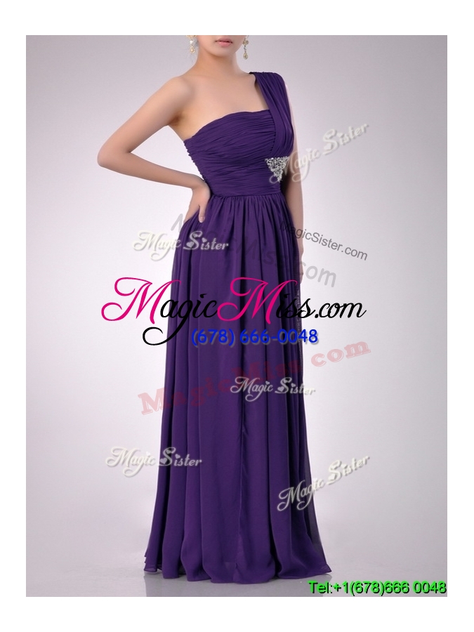 wholesale discount empire beaded and ruched dark purple bridesmaid dress with one shoulder