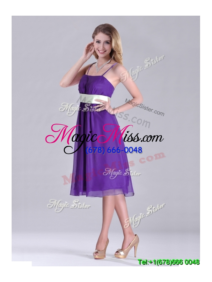 wholesale romantic spaghetti straps belted eggplant purple bridesmaid dress in tea length
