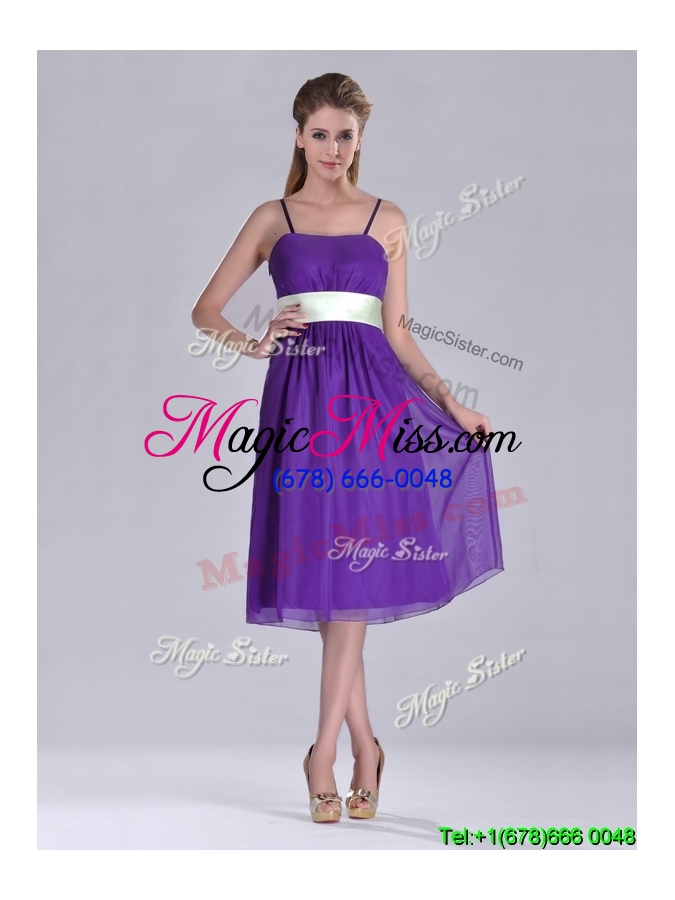 wholesale romantic spaghetti straps belted eggplant purple bridesmaid dress in tea length