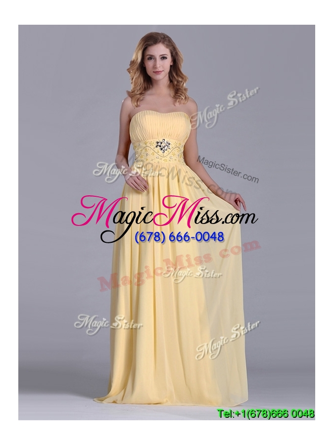 wholesale lovely empire yellow long bridesmaid dress with beading and ruching