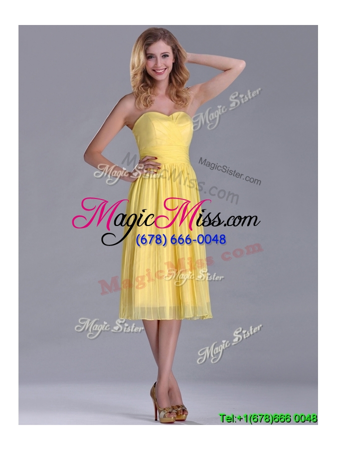 wholesale discount pleated yellow chiffon dama dress in tea length