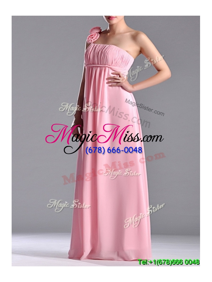 wholesale new style baby pink bridesmaid dress with handcrafted flowers decorated one shoulder
