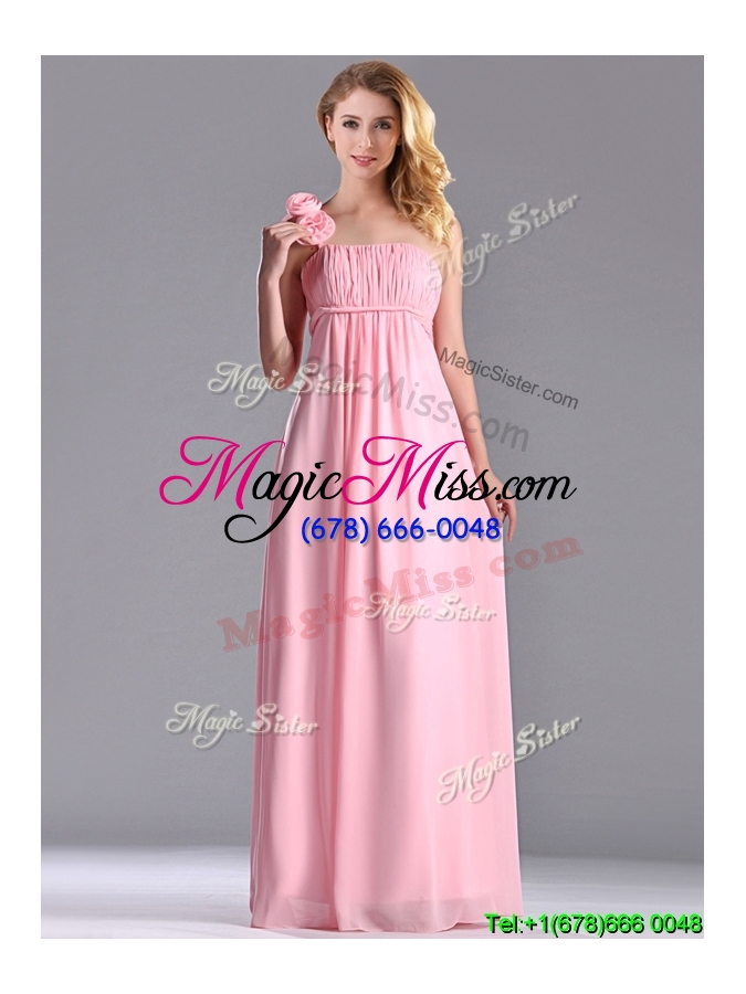 wholesale new style baby pink bridesmaid dress with handcrafted flowers decorated one shoulder