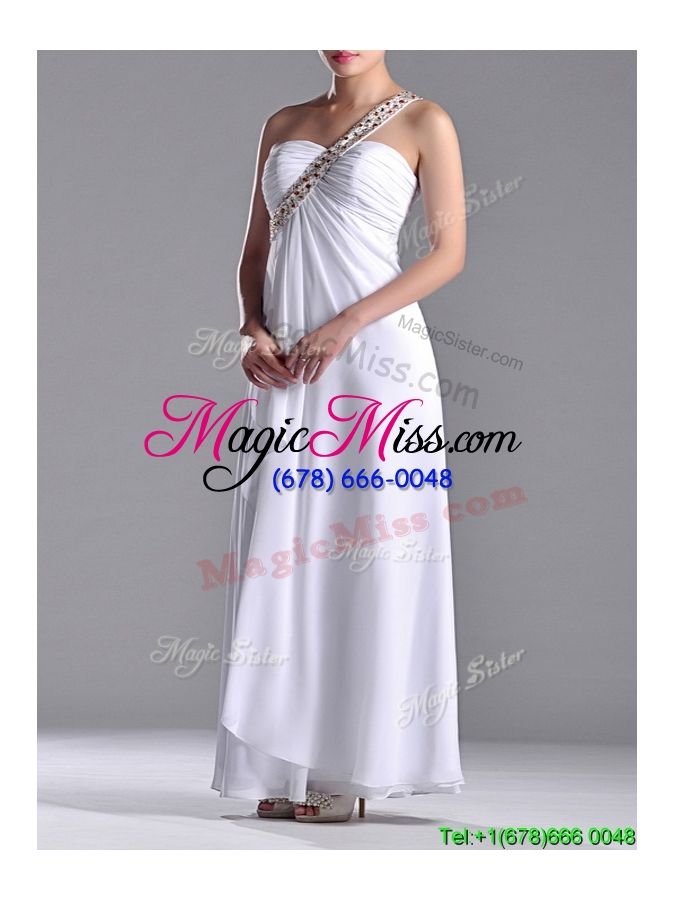wholesale sexy empire chiffon beaded side zipper white bridesmaid dress with one shoulder