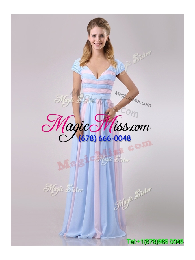 wholesale discount deep v neckline chiffon dama dress in baby pink and light blue