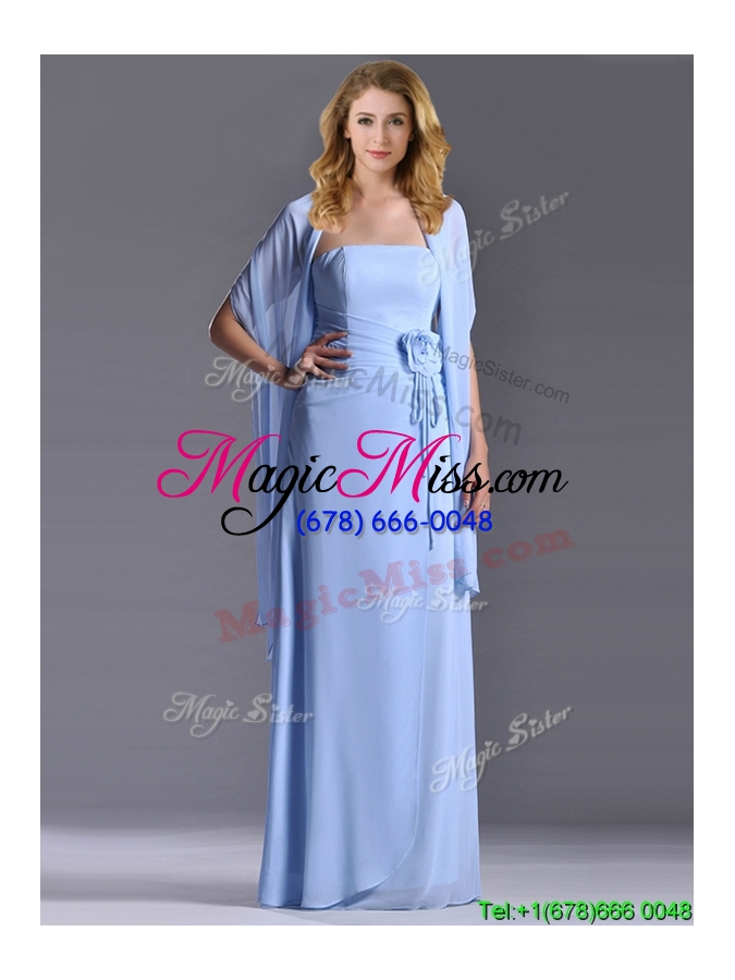 wholesale cheap strapless hand crafted flower long bridesmaid dress in light blue