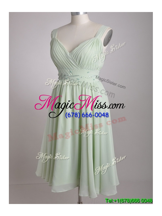 wholesale discount beaded and ruched apple green v neck  dama dress in chiffon
