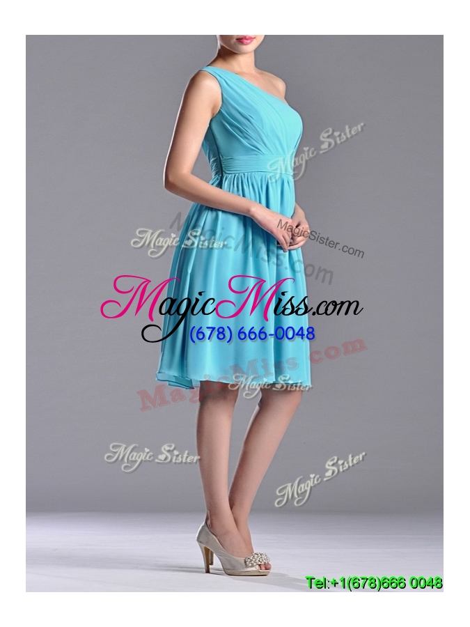 wholesale discount chiffon baby blue knee length dama dress with one shoulder