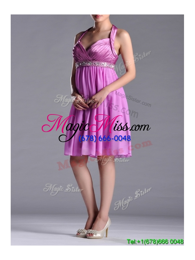 wholesale empire halter knee-length beaded short dama dress in lilac