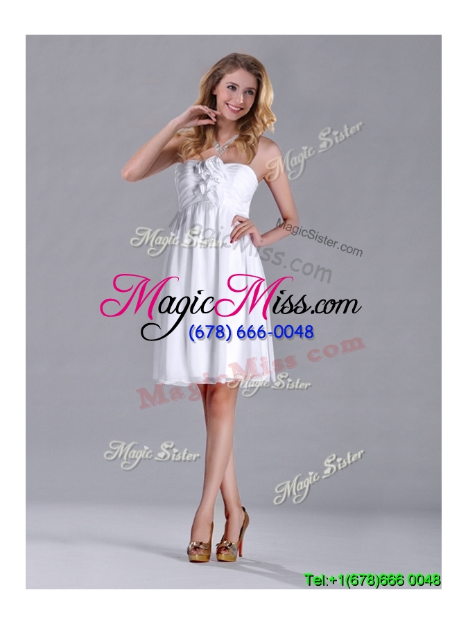 wholesale discount white strapless short dama dress with hand made flowers